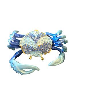 Crab Jewelry metal Hinged Small Trinket Box Aqua Blue Beach Coastal Ocean decor